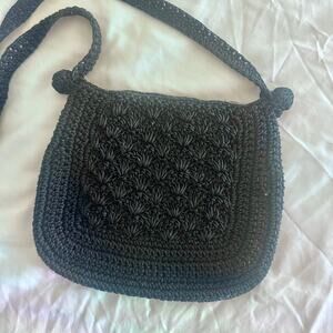 Vintage Black Crochet Shoulder Bag Zip Top Unbranded